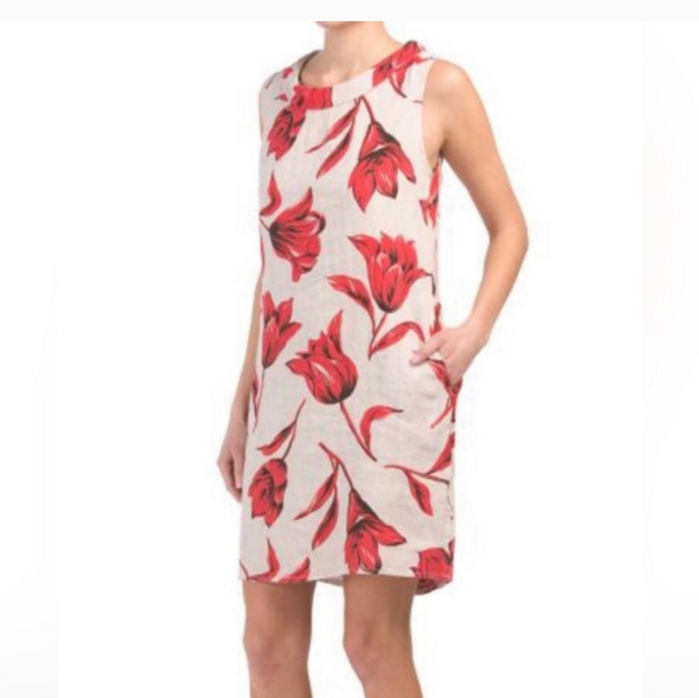 100% Linen Lina Tomei Flower Red Dress